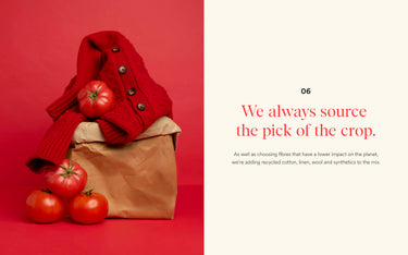 Red sweater with tomatoes and a brown paper bag on a red background, with text about sourcing quality materials.