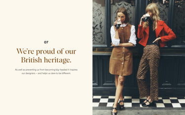 Two women standing on a black and white checkered floor, one in a brown dress and the other in a red jacket, with text about British heritage and sustainable fibers.