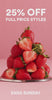 Stack of strawberries on a pink background with promotional text overlay
