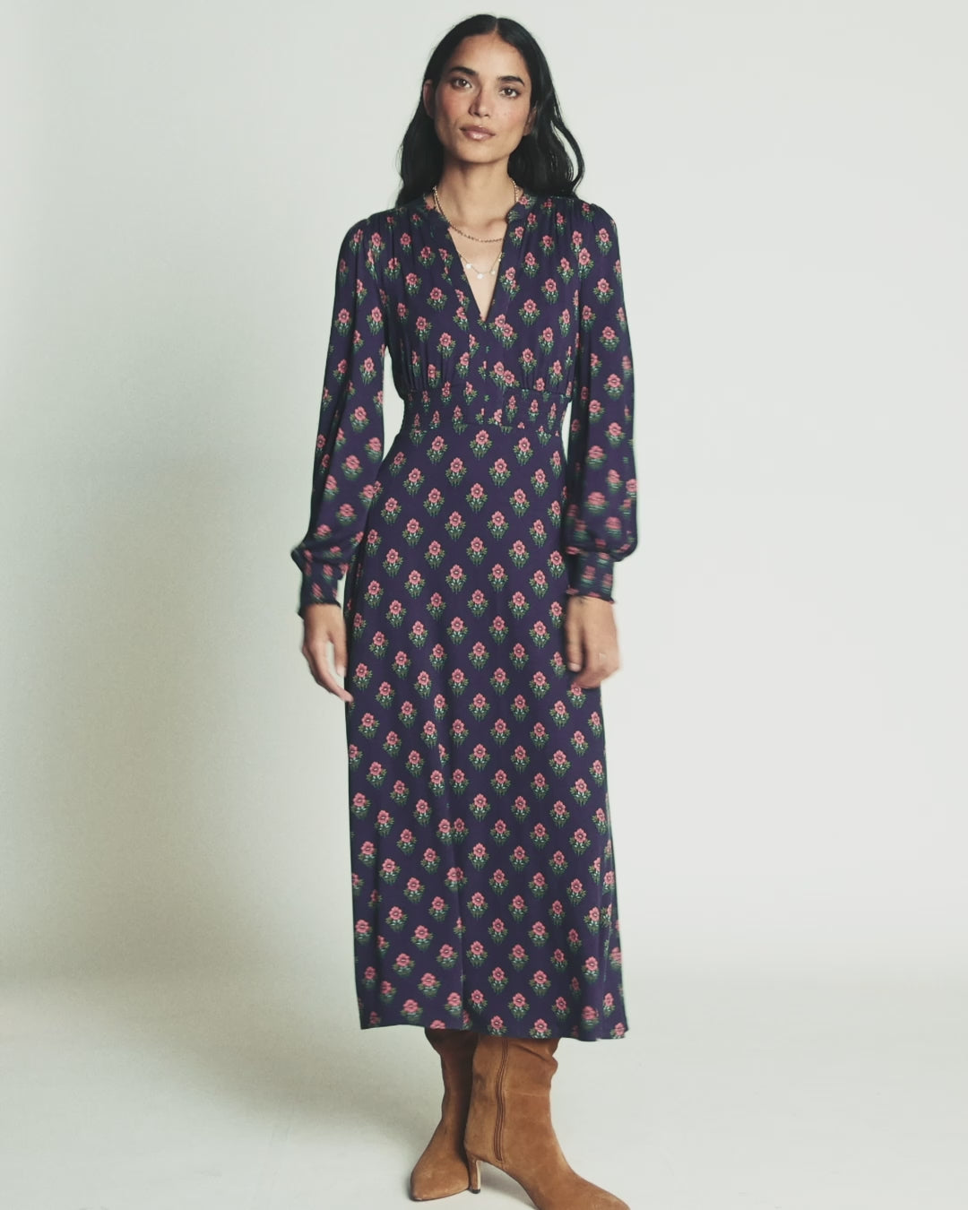Georgia Jersey Midi Dress-Navy, Flourishing Sprig Stamp-10