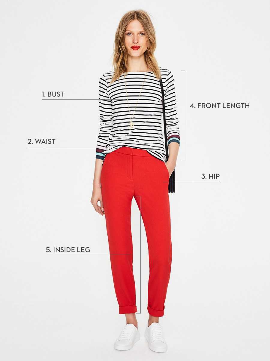 Boden female model image with text pointing to the bust, waist, front length, hip & inside leg of her outfit